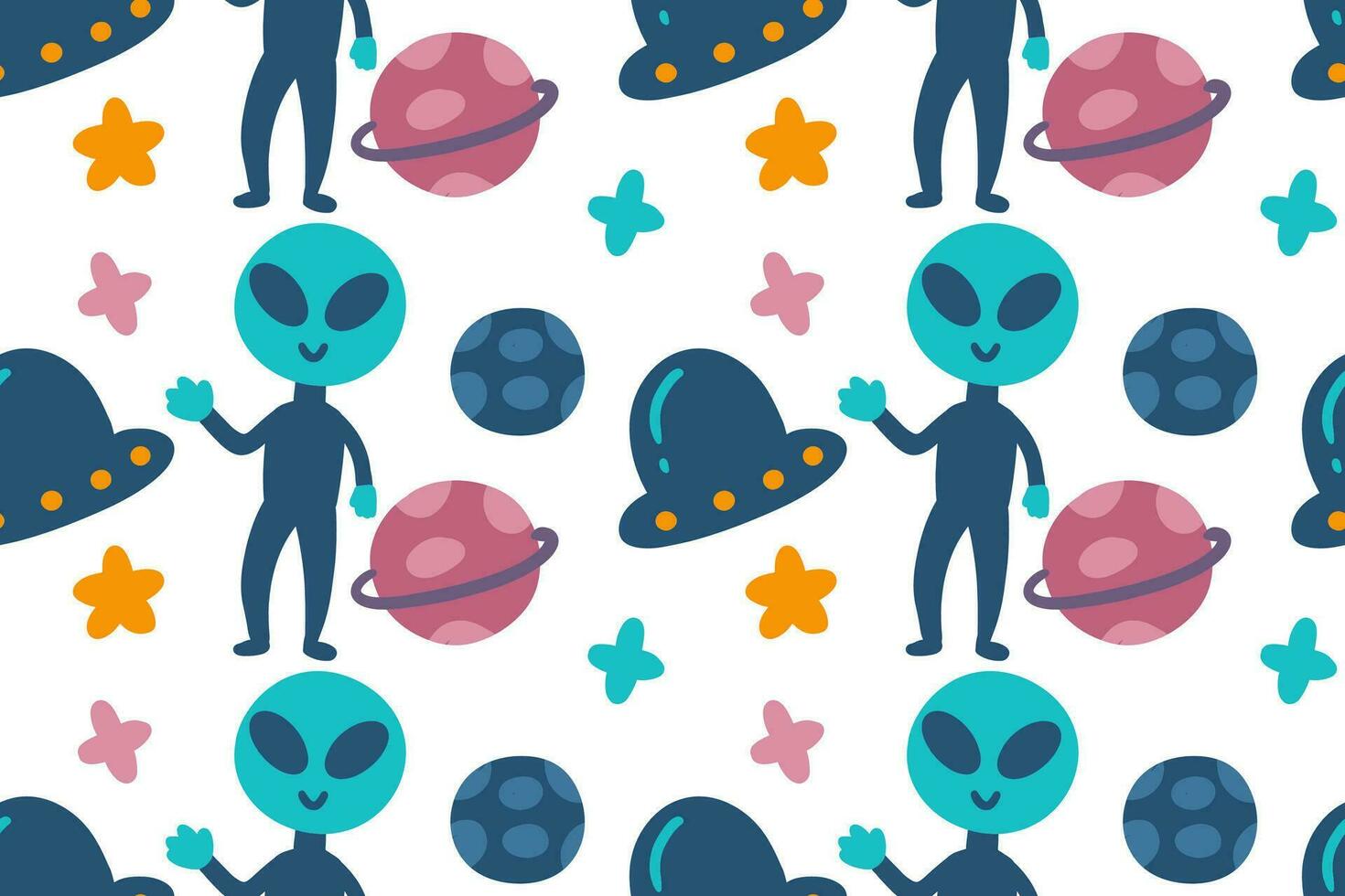 mano dibujado gracioso extraterrestre, OVNI, planetas y estrellas dibujos animados ilustración sin costura modelo vector