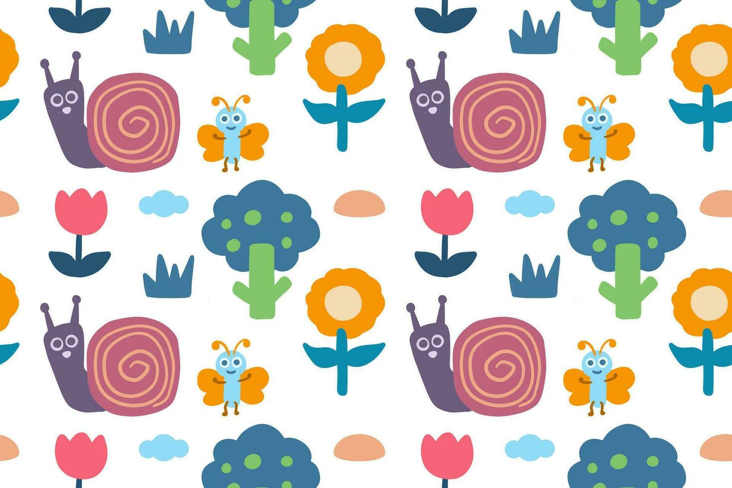 Hand drawn cute little snail with bug, flowers and other natural objects cartoon illustration seamless pattern vector