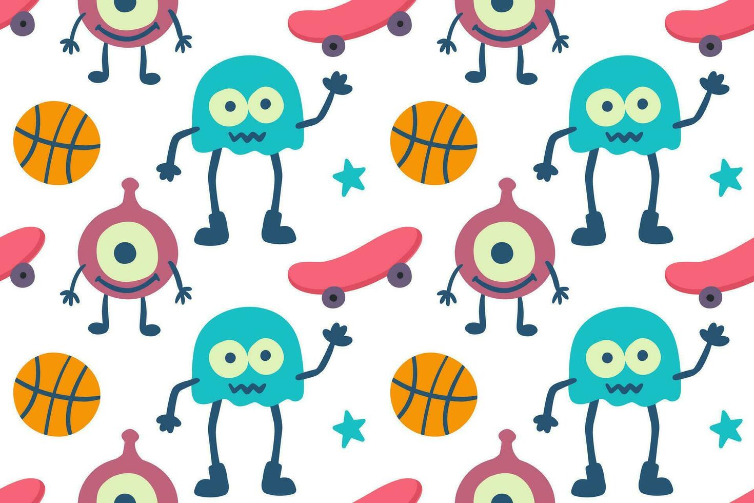 Hand drawn funny little monsters with skateboard and basketball cartoon illustration seamless pattern vector