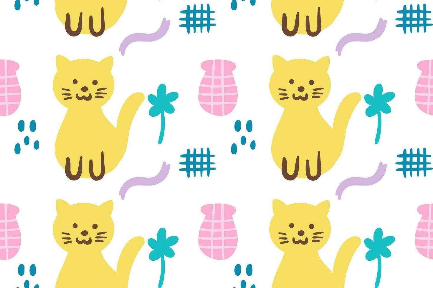 Hand drawn cute little cat with various house objects seamless pattern vector