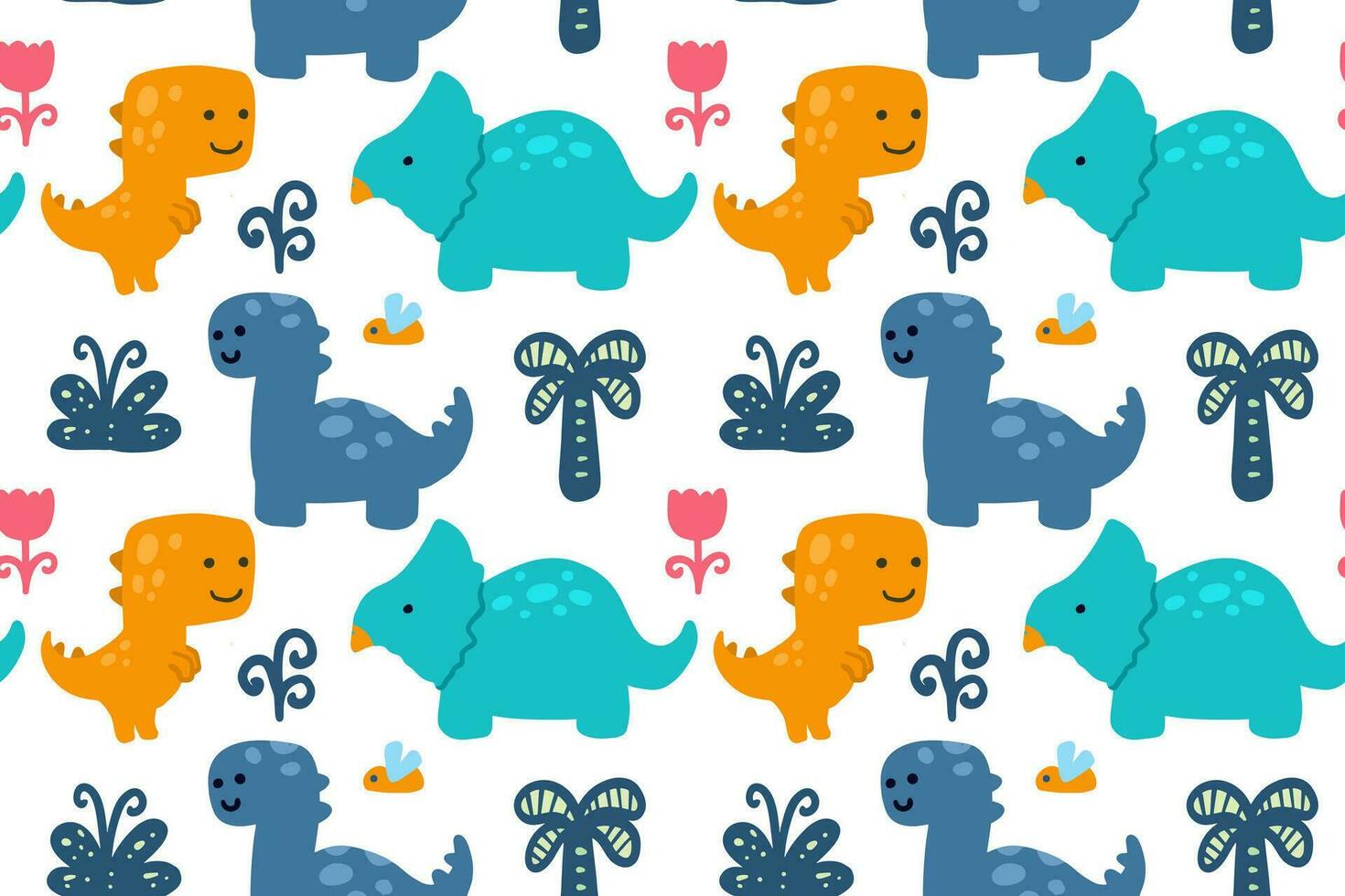 Hand drawn cute little dinosaurs cartoon illustration seamless pattern vector