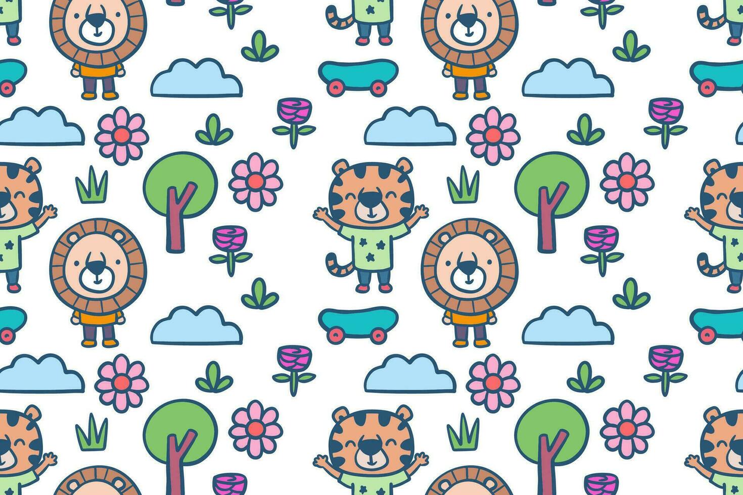 Hand drawn cute little lion and tiger cartoon illustration seamless pattern vector
