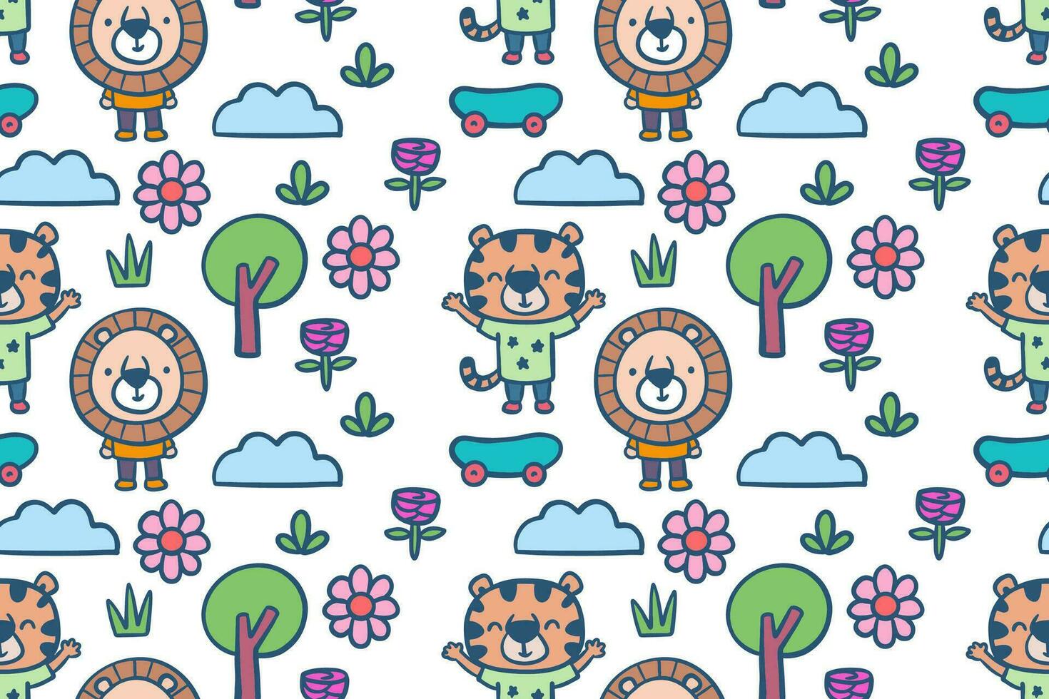 Hand drawn cute little lion and tiger cartoon illustration seamless pattern vector