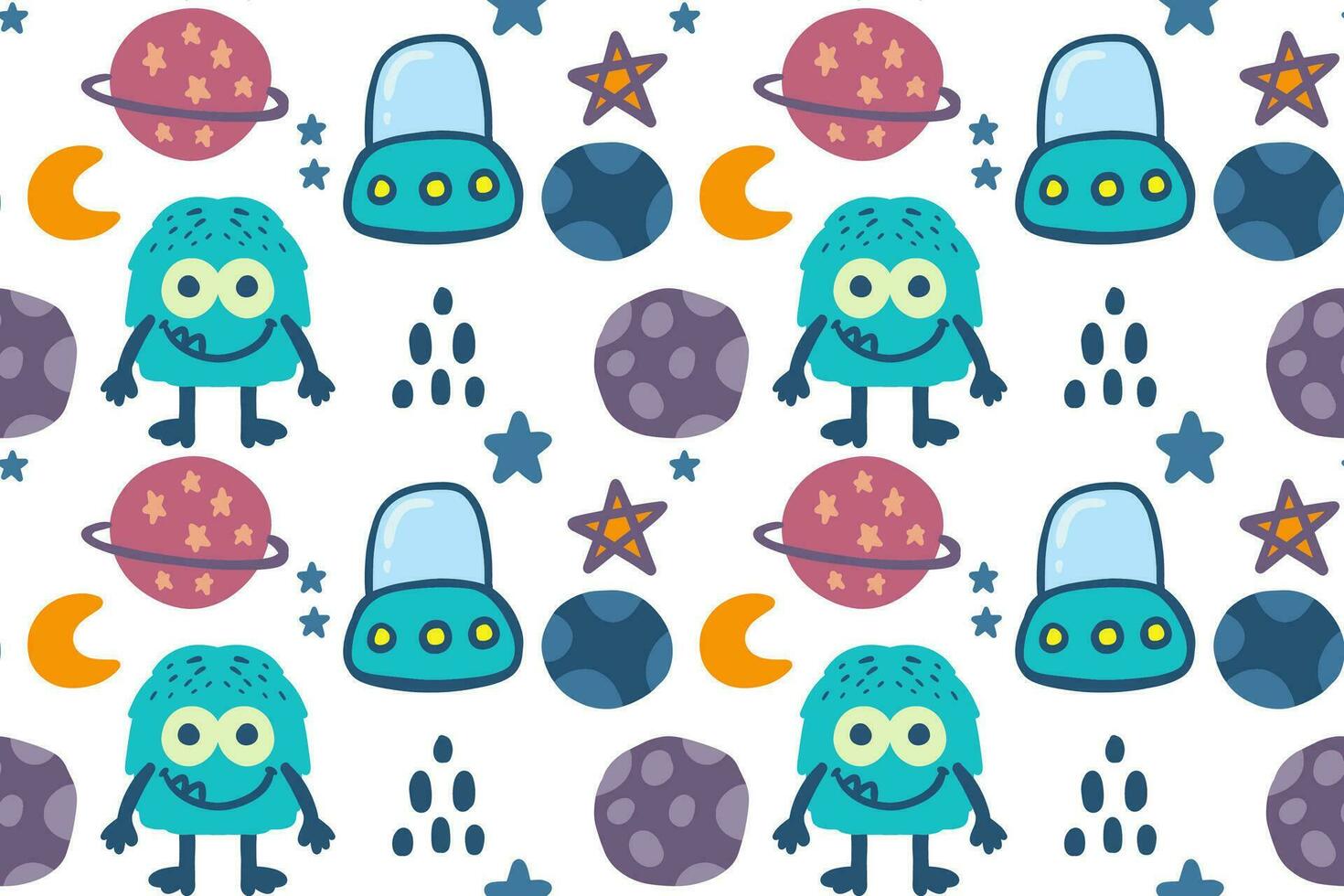 Hand drawn funny little monsters with ufo, planets, and stars cartoon illustration seamless pattern vector