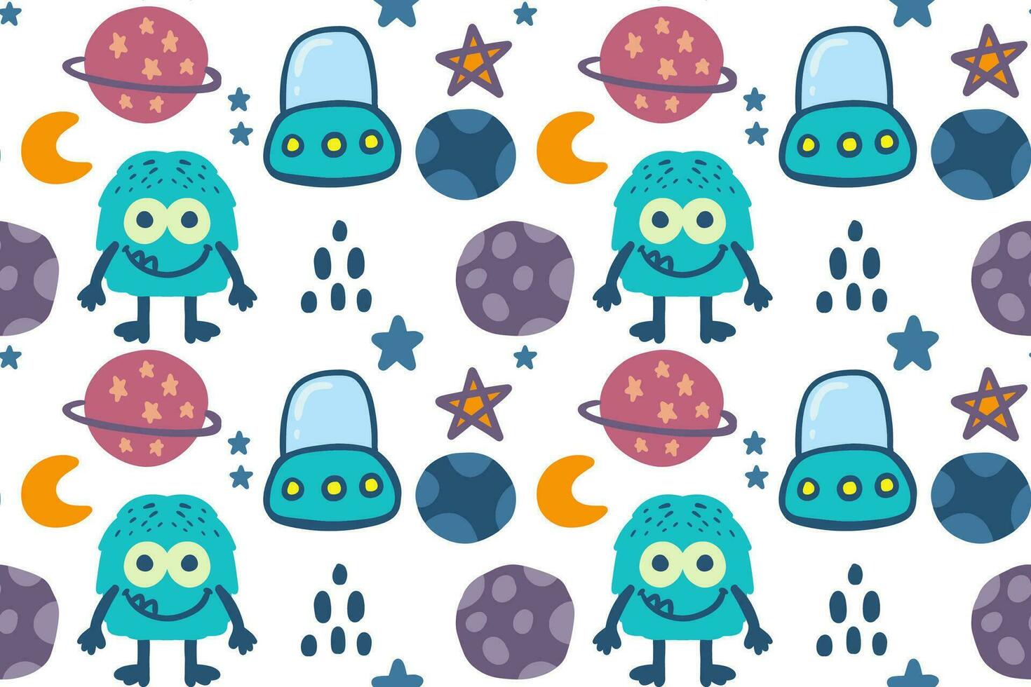 Hand drawn funny little monsters with ufo, planets, and stars cartoon illustration seamless pattern vector