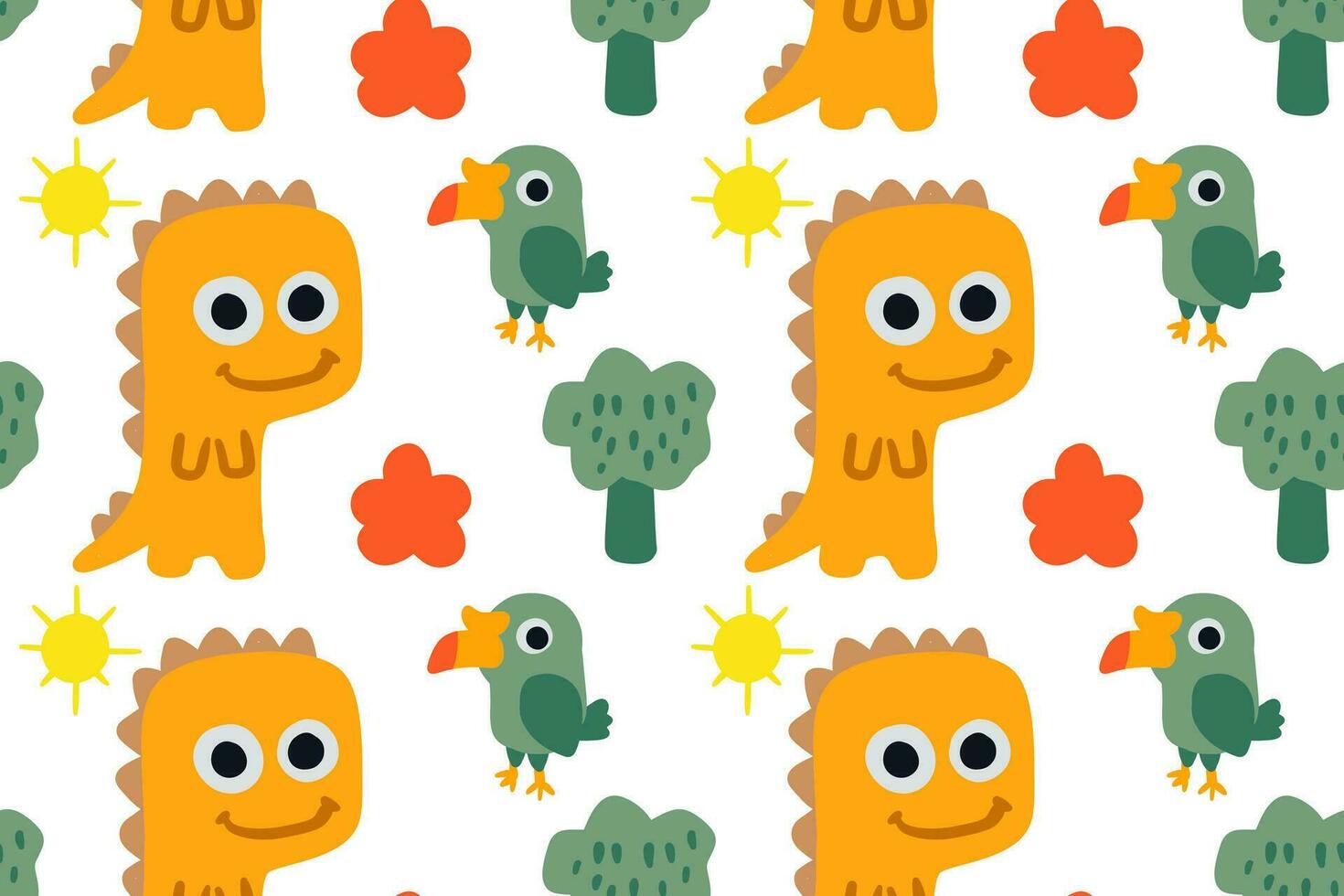 Cute little dino, toucan and bug with nature objects cartoon illustration seamless pattern vector