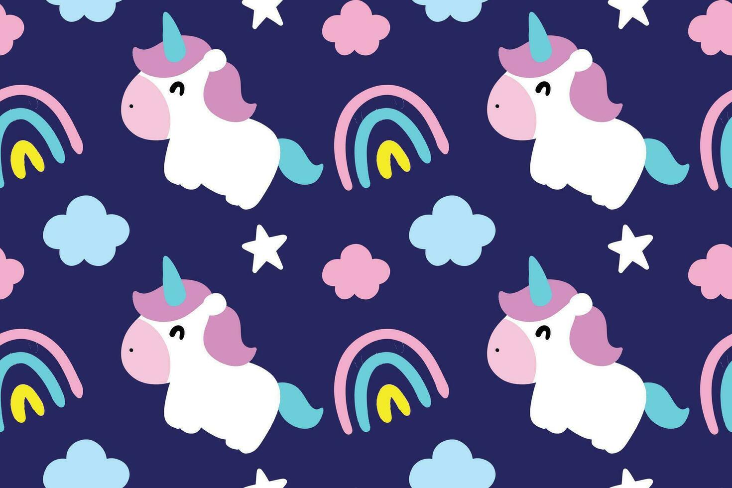 Cute little unicorn with rainbows, cloud and stars seamless pattern vector