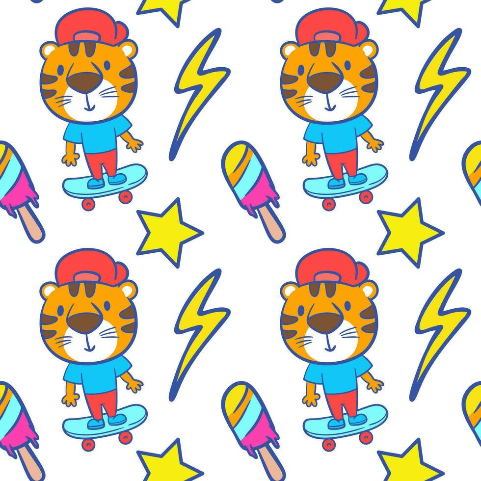 mano dibujado gracioso Tigre montando patineta dibujos animados ilustración sin costura modelo vector