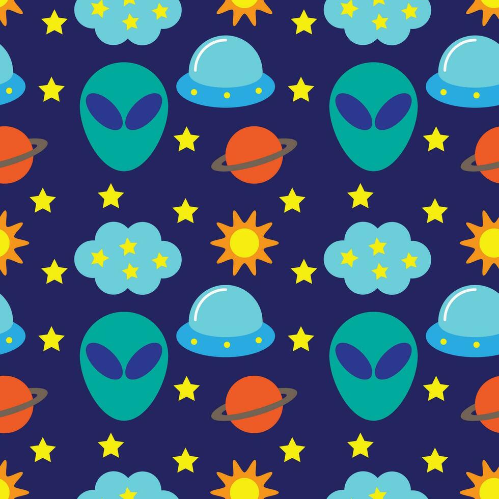 Funny alien and space objects flat design cartoon illustration seamless pattern vector