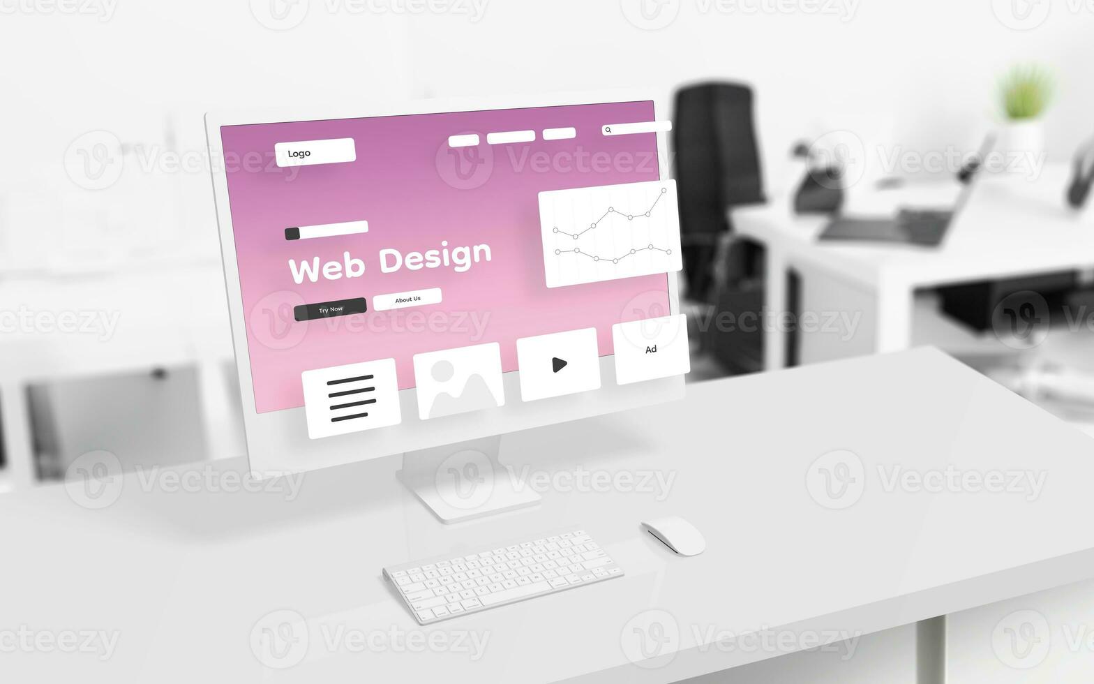 Web design studio page layout elements hover in front of a modern computer display. Studio office digital workspace in background photo