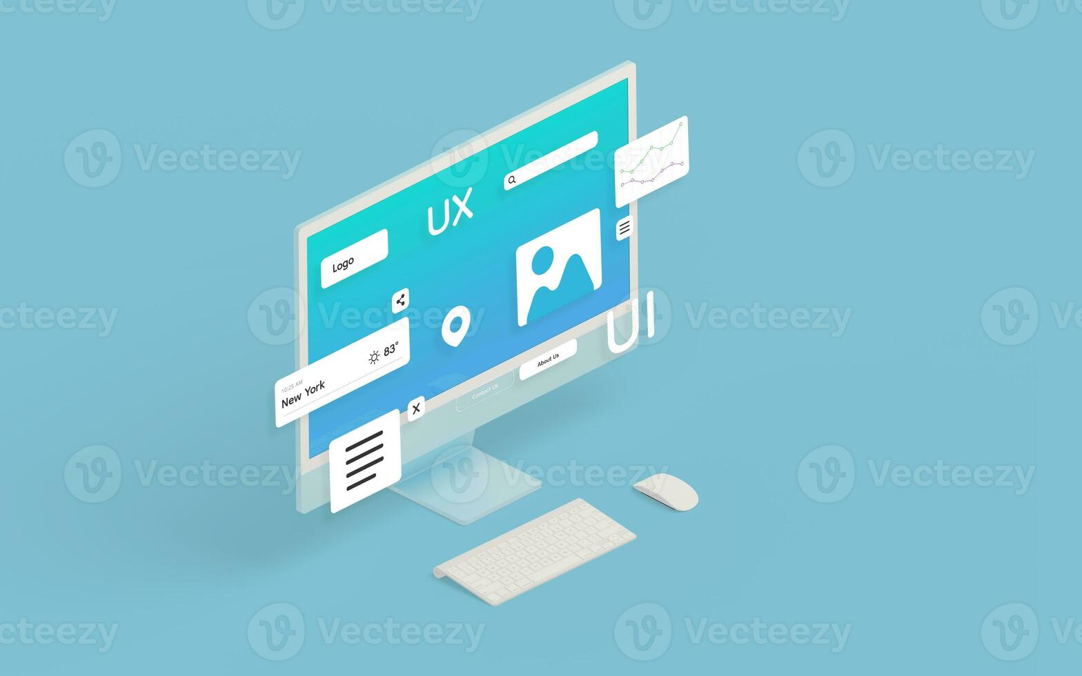 Isometric computer display with user interface modules, illustrating the concept of web or app development. Digital design and development photo