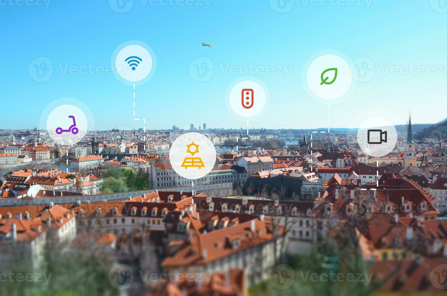 Smart city concept with icons floating above the city. The concept of clean air control, transportation, security, solar energy, connectivity photo