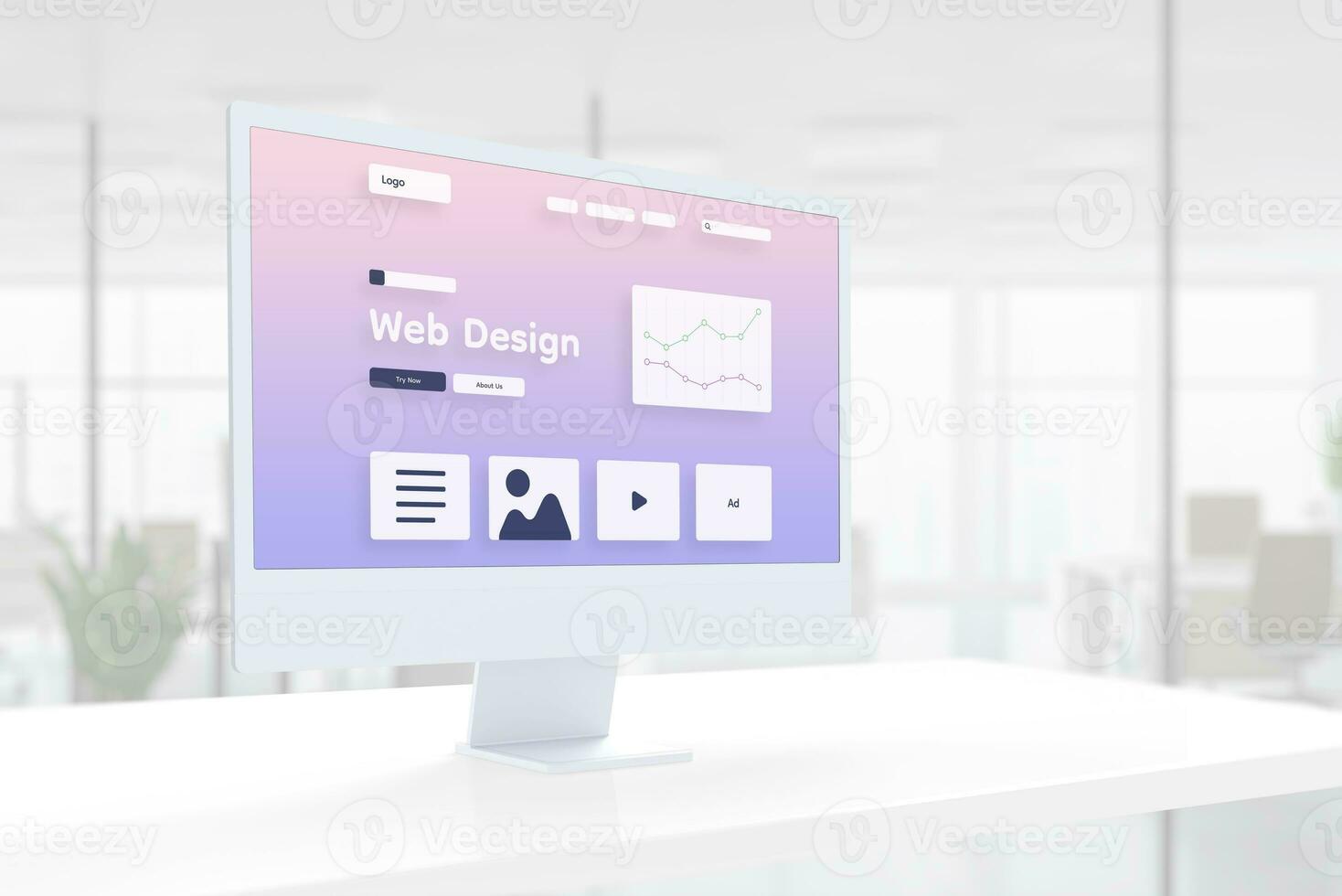 Modern web design studio page layout hovers on a computer display in a modern studio office photo