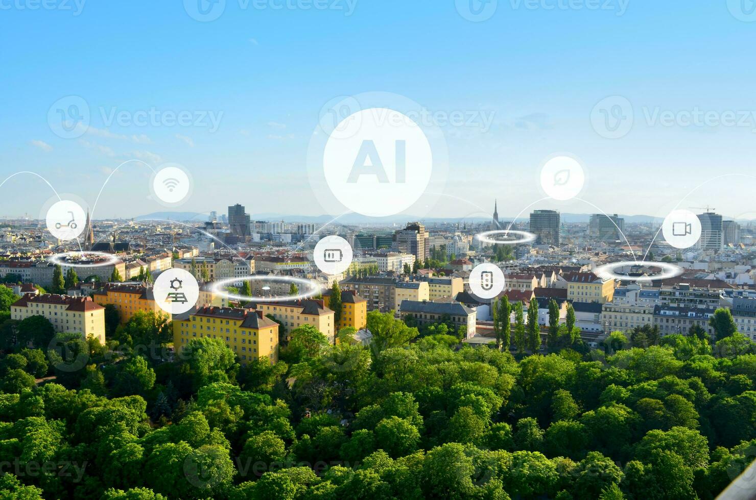 Modern smart city with artificial intelligence that controls the branches of life concept. Icons and network connections fly over the city photo