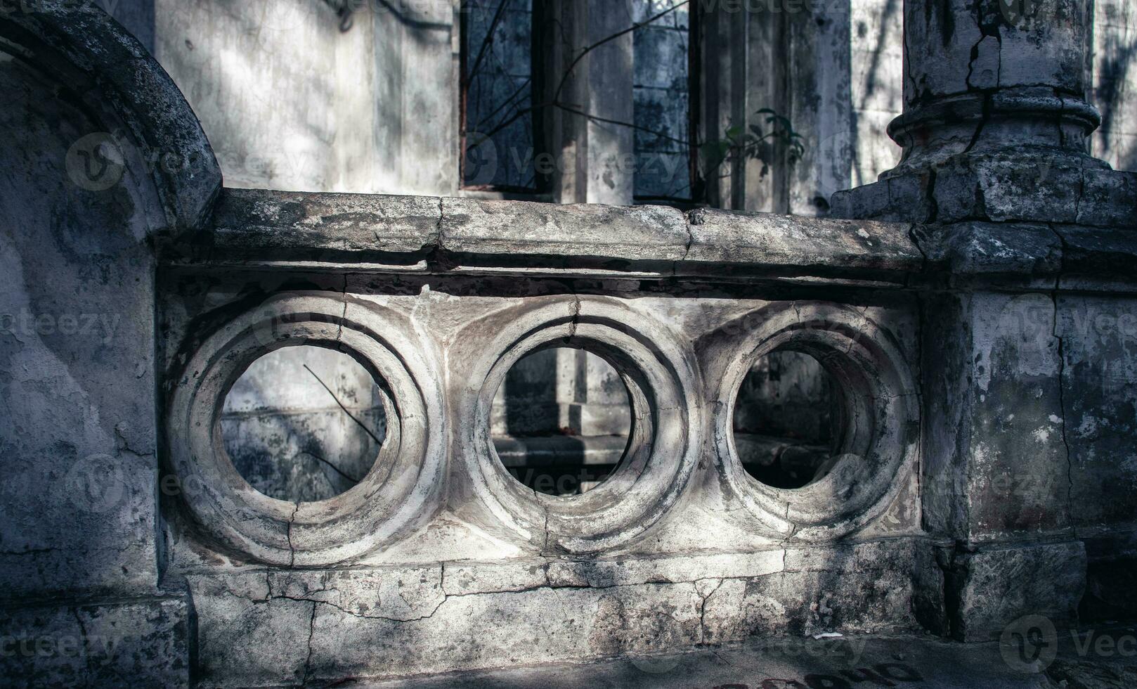 Close up abandoned mansion concept photo. Ruined ancient gazebo in Ukraine. photo