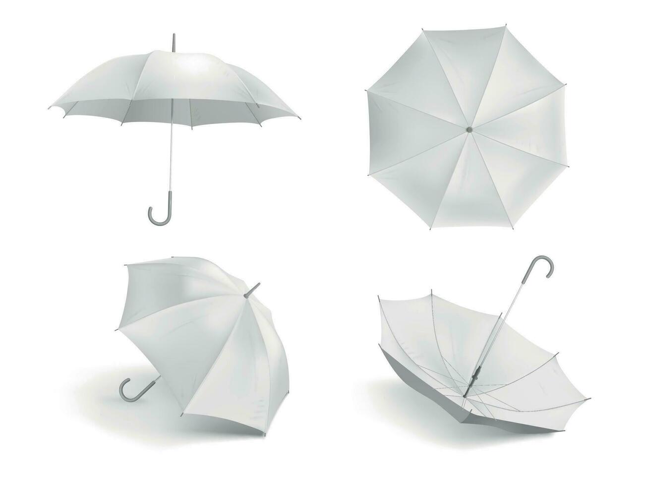 Realistic white umbrella mockup. Blank open fabric parasol, outdoor weather waterproof umbrellas vector template set