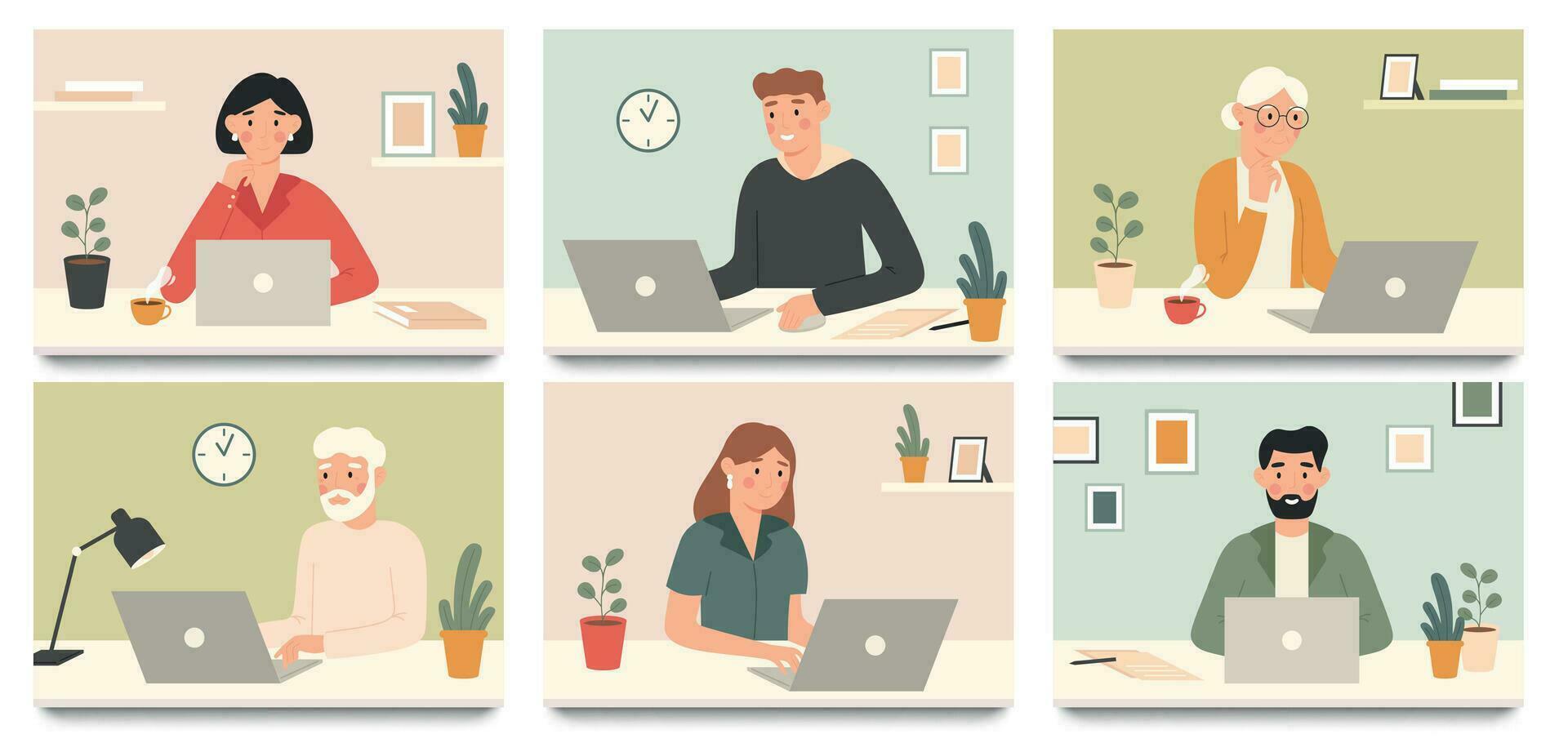 Work with laptop computer. Corporate workers, young people and seniors working with laptops vector illustration set
