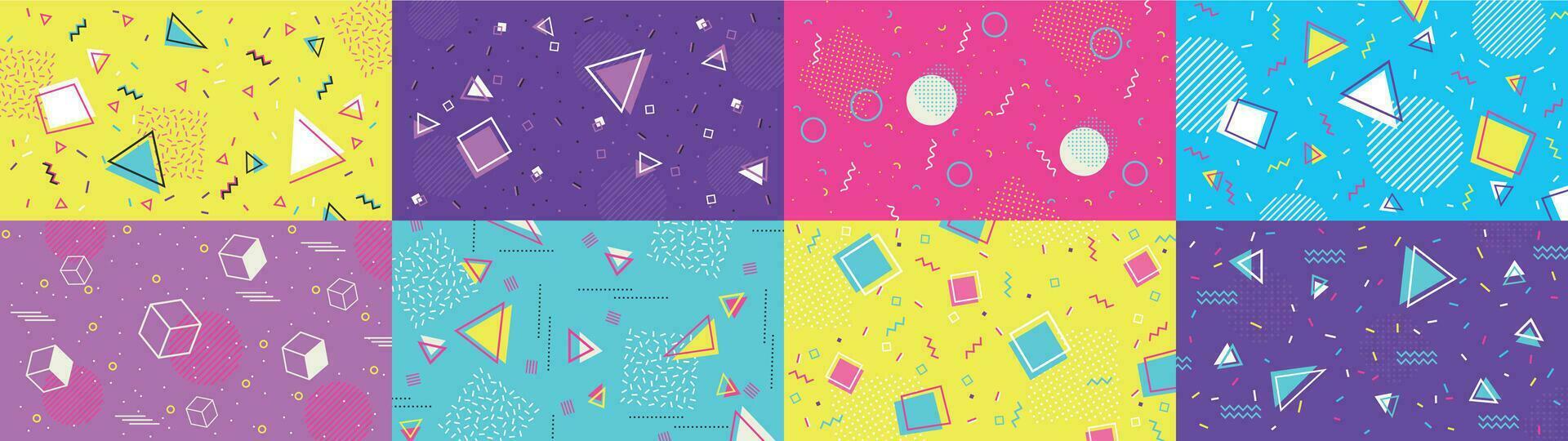 Funky 90s memphis background. Abstract hipster shapes and funky geometric patterns, 1980s pop backdrop vector illustration set