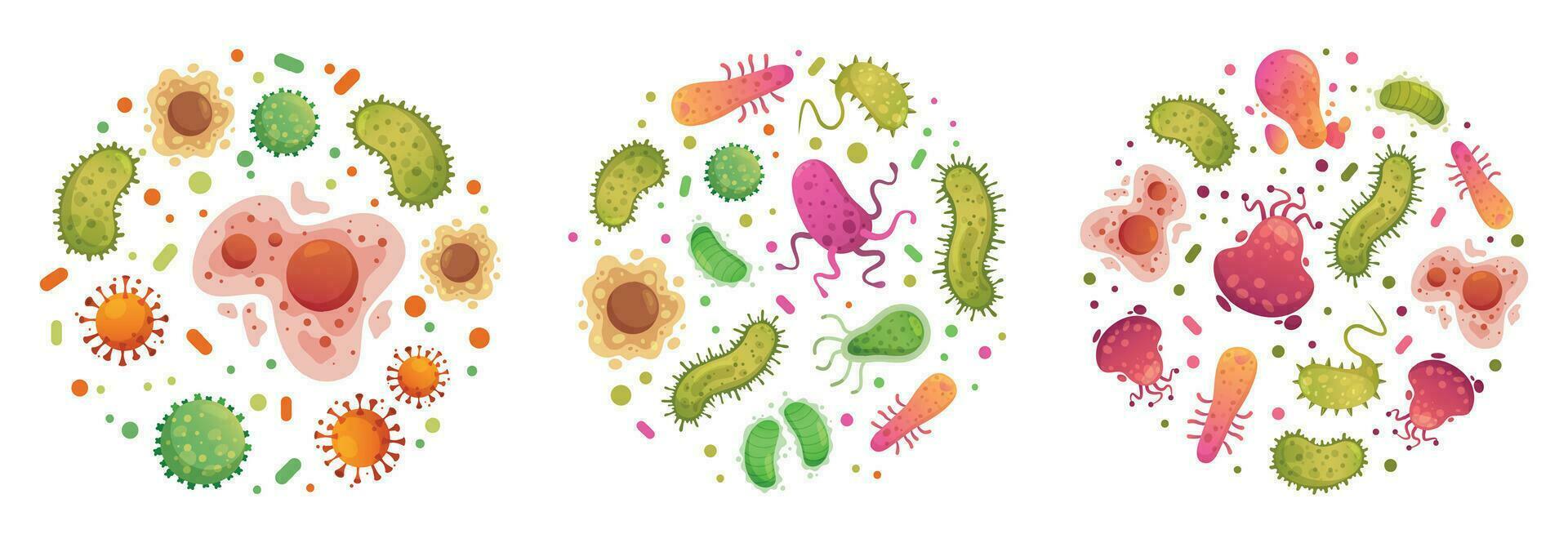 Bacteria and germ in circle. Bacterias, disease cells and germs in round frame. Human diseases cartoon vector illustration set