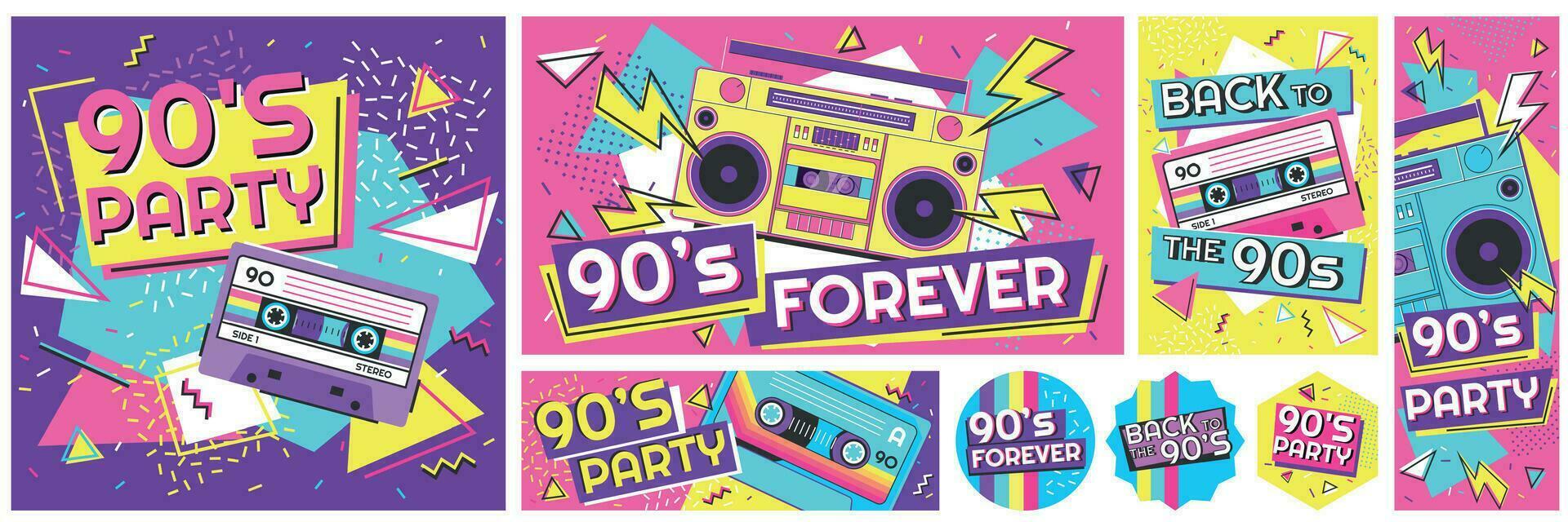 Retro 90s music party poster. Back to the 90s, nineties forever banner and retro funky pop radio badge vector illustration set