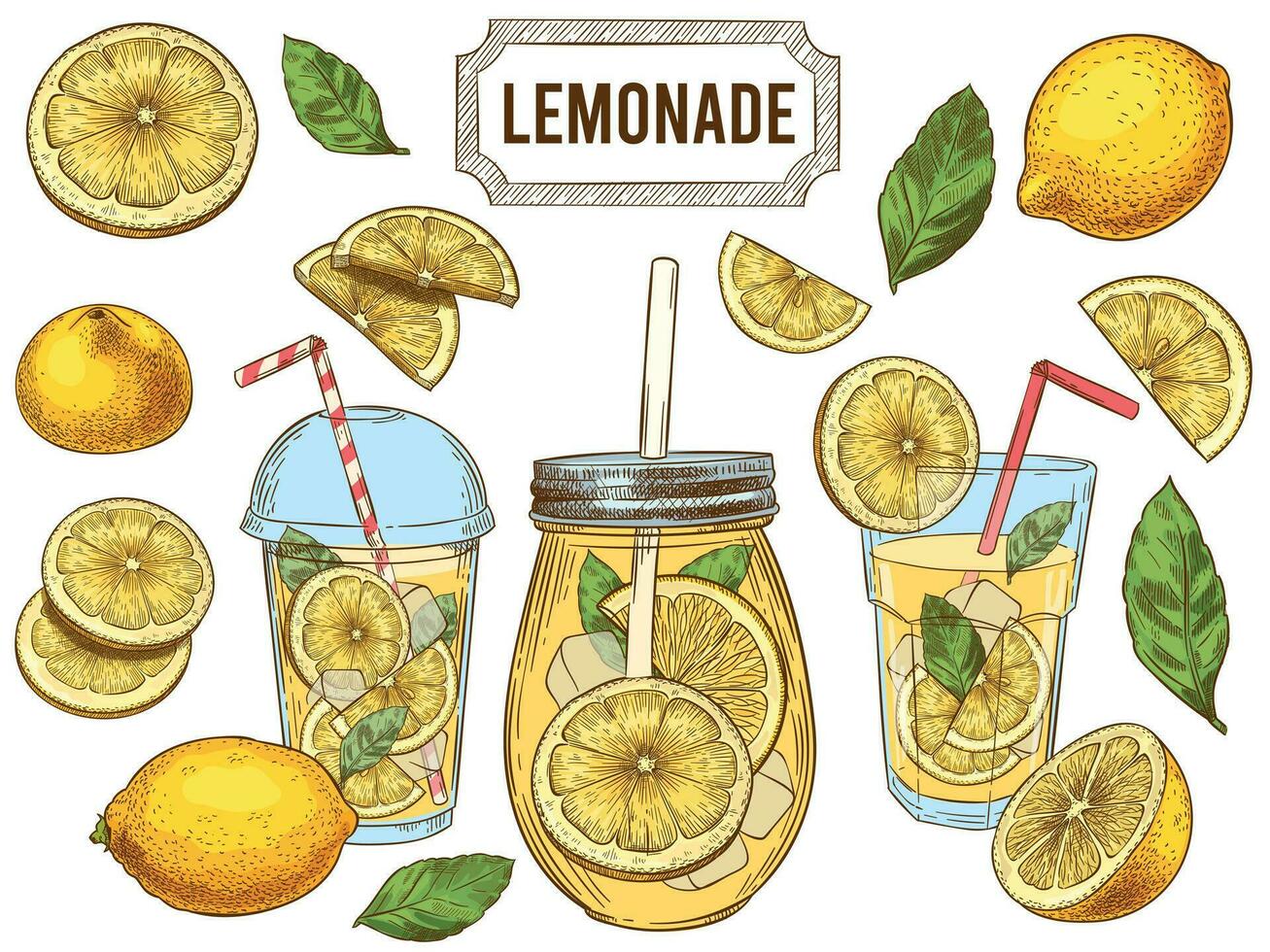 Sketch lemonade. Summer cold drinks, hand drawn yellow lemons slices and leaves. Glass of lemonade with ice vector illustration set