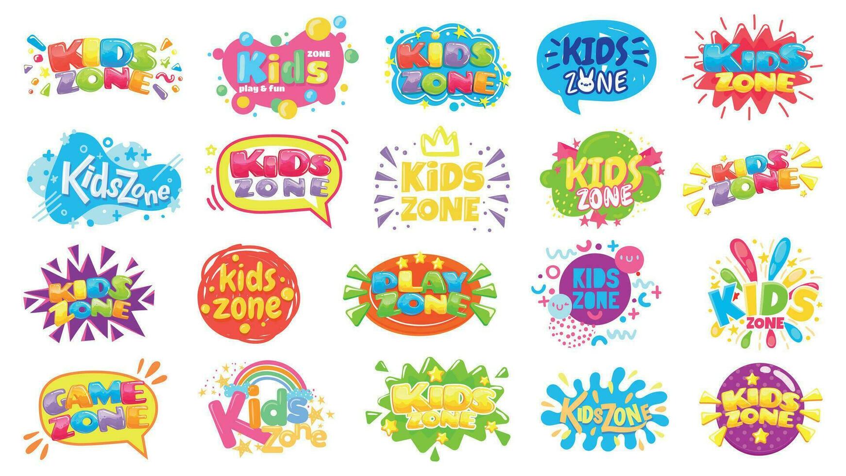 Kids zone badges. Kid play room label, colorful game area banner and funny badge vector set