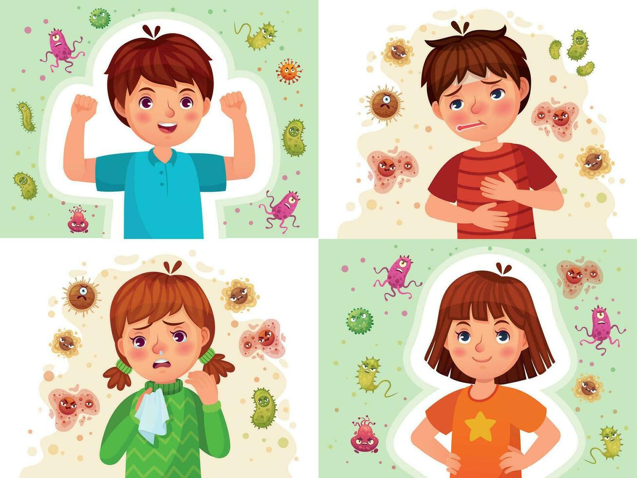 Child immune system. Healthy and sick kids, immune defence. Virus and bacterias protected boy and girl cartoon vector illustration set
