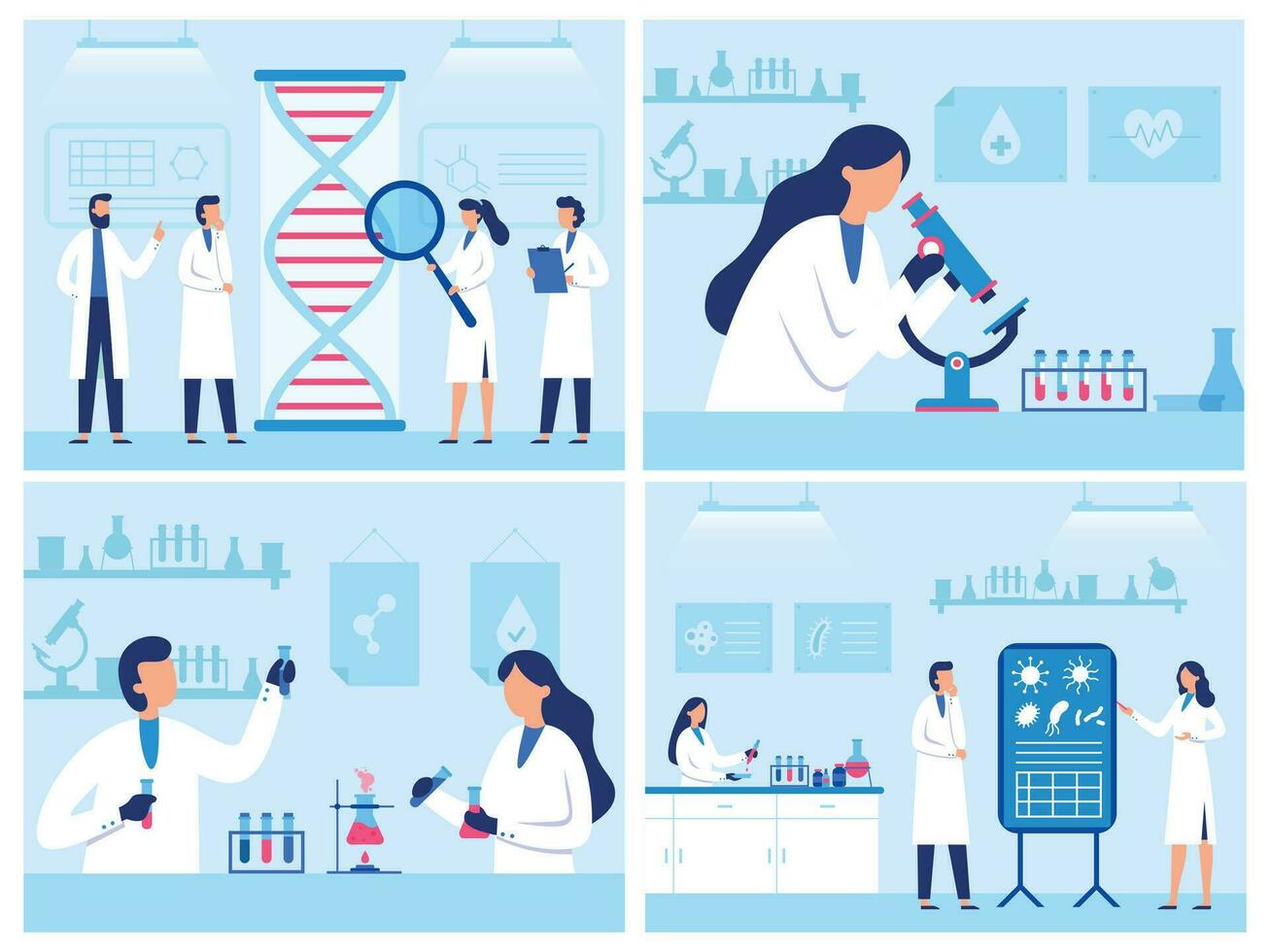 Scientists work in laboratory. Professional genetic research lab, virus and blood researches. Water quality diagnostics vector illustration set