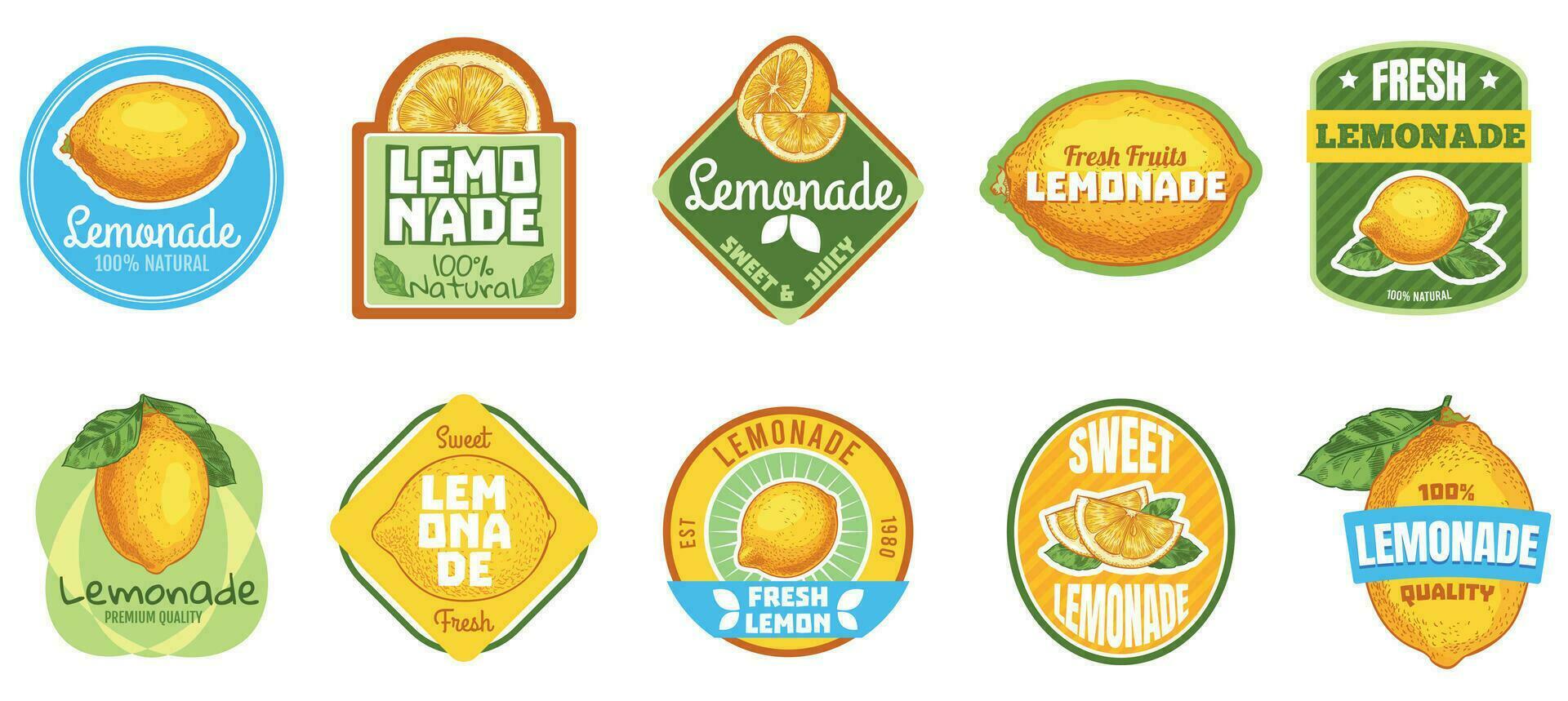 Lemonade label. Natural lemon juice, fresh fruits lemonades drinks badge and summer sweet beverage sticker vector set