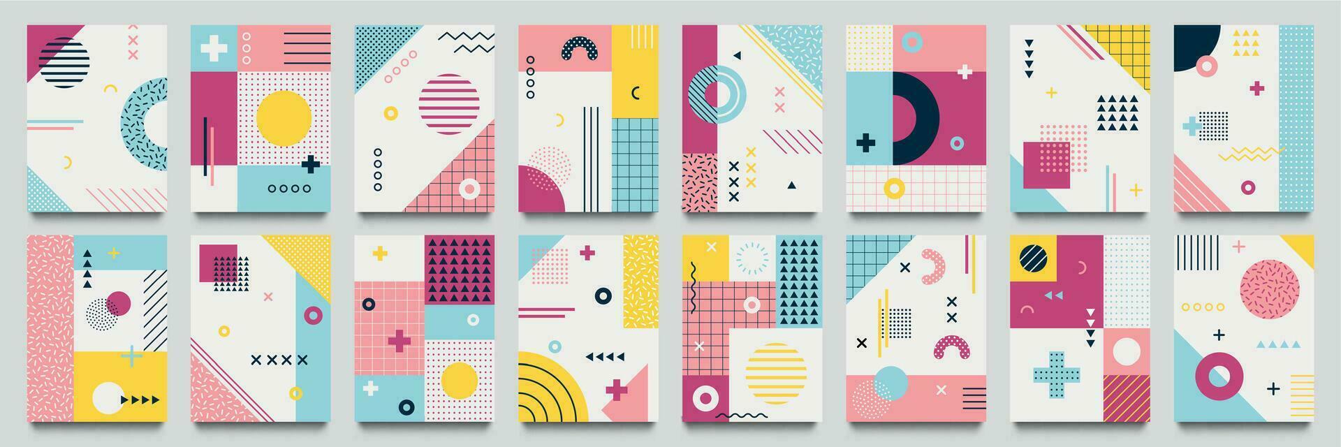 Abstract neo memphis background. Modern geo grid poster template with 1980 lines texture and dotted pop pattern vector set