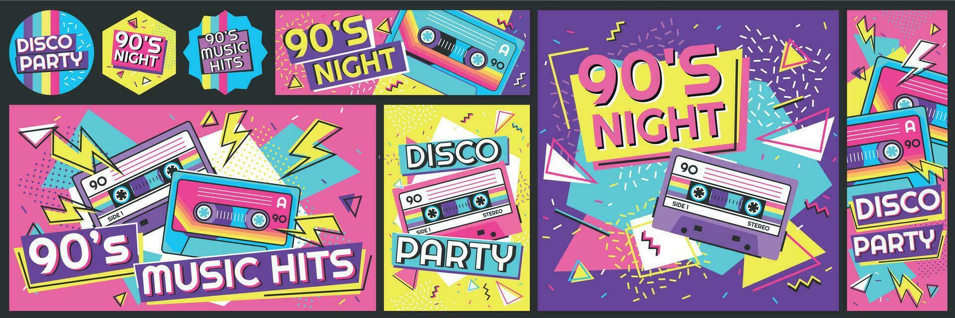 Funky 90s disco party poster. Nineties music hits banner, 90s dancing night invite and retro stereo tape vector illustration set