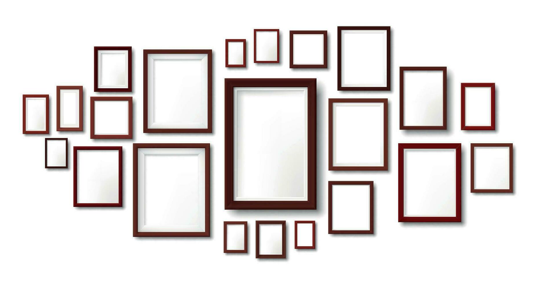 Dark wooden frames composition mockup. Photo frame hanging on wall, pictures grid and wood borders vector illustration template