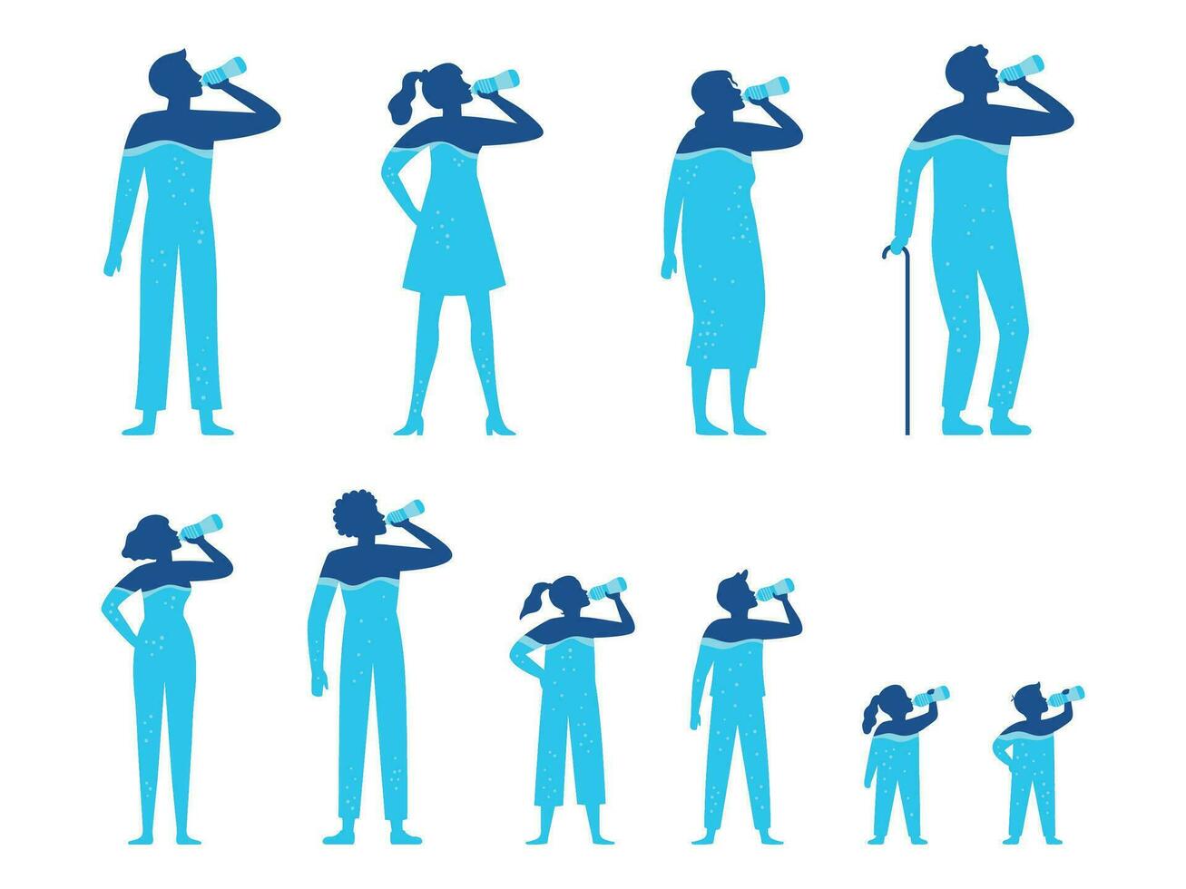 Water balance. People drink water from the bottle, drinking water for kids and healthy human body hydration vector illustration set