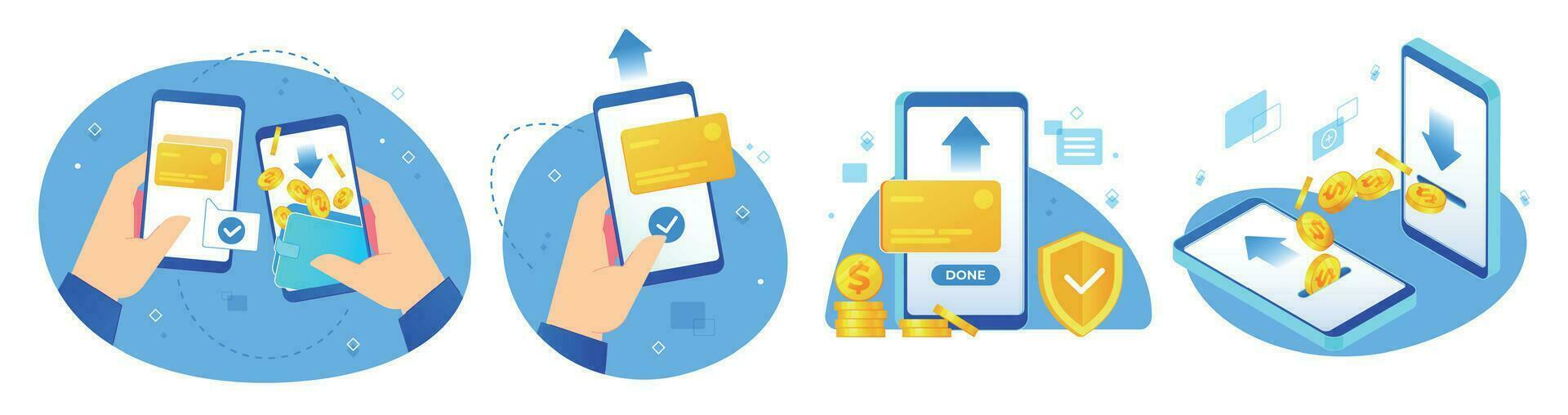 Money transfers. Online shopping, digital payments and hand handing phone with coins transfer app vector illustration set