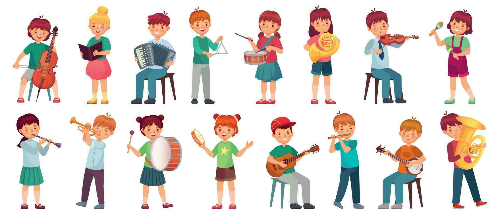 Children orchestra play music. Child playing ukulele guitar, girl sing song and play drum. Kids musicians with music instruments vector illustration set