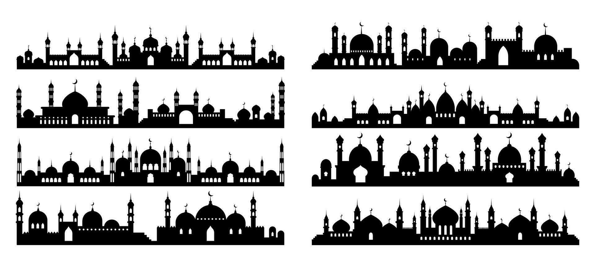 Arabic architecture silhouette. Mosque roof, islamic cityscape panorama and minaret skyline silhouettes. vector illustration set