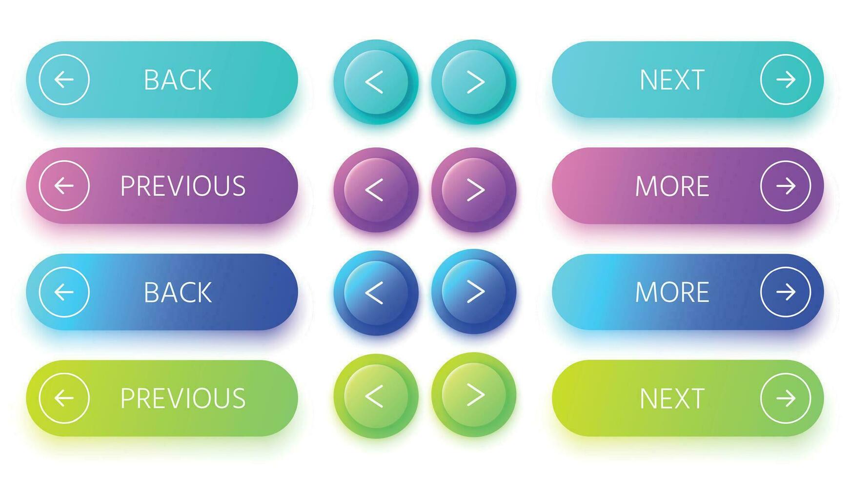 Gradient buttons. Next and back button, colorful prev and more buttons vector set