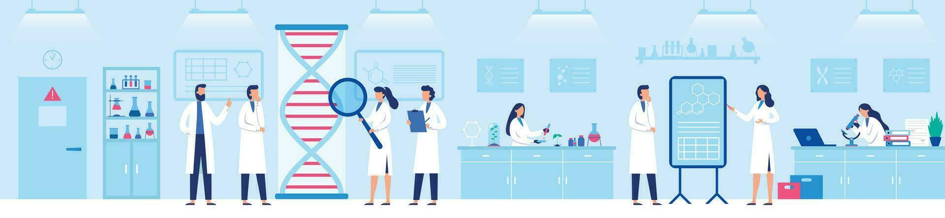 Genetic research laboratory. Professional lab with scientists, genome and biological researches vector illustration