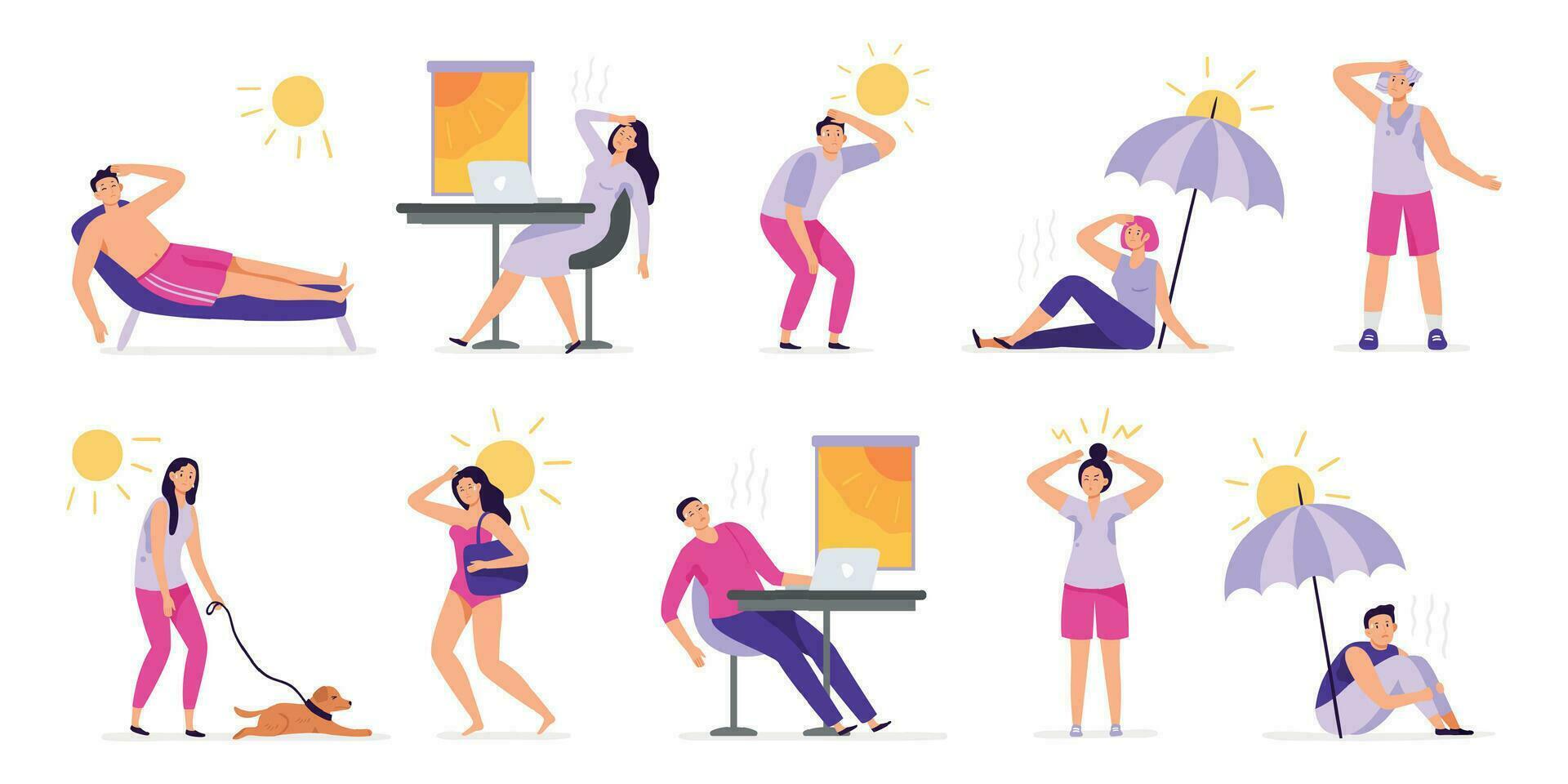 People suffer from heat. Sunstroke, summer hot weather and overheating. Sweaty people overheated in sun vector illustration set