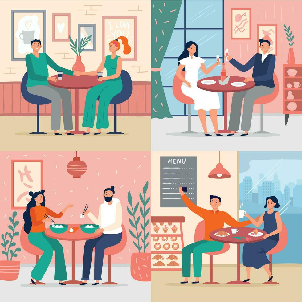 Couple on date in restaurant. Vector illustration set