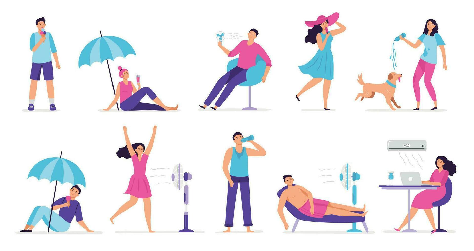 People cooling in hot weather. Rest from hot summer weather, eat ice cream and cool under fan. Siesta, air conditioning vector illustration set