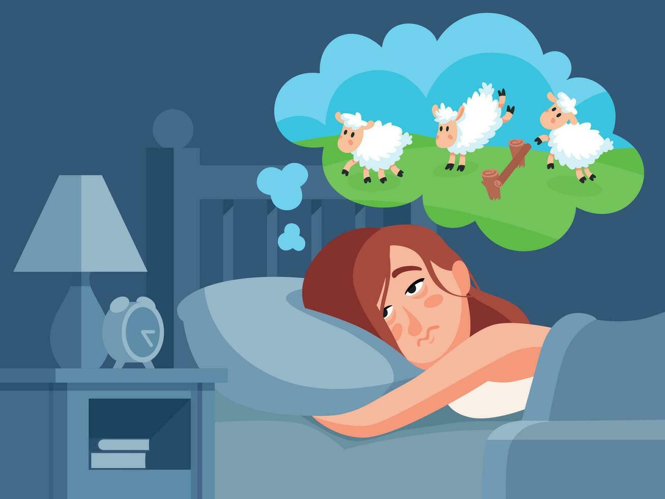 Woman counts sheep to sleep. Insomnia cartoon vector illustration