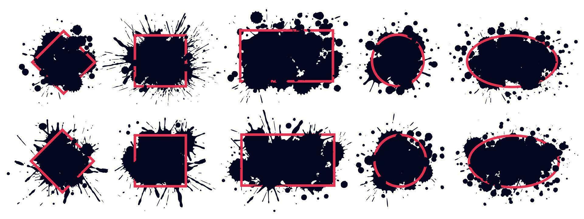 Ink splatter frame. Dirty brush splatted stains, black paintbrush splash frames and grunge sprayed inks drips borders vector set