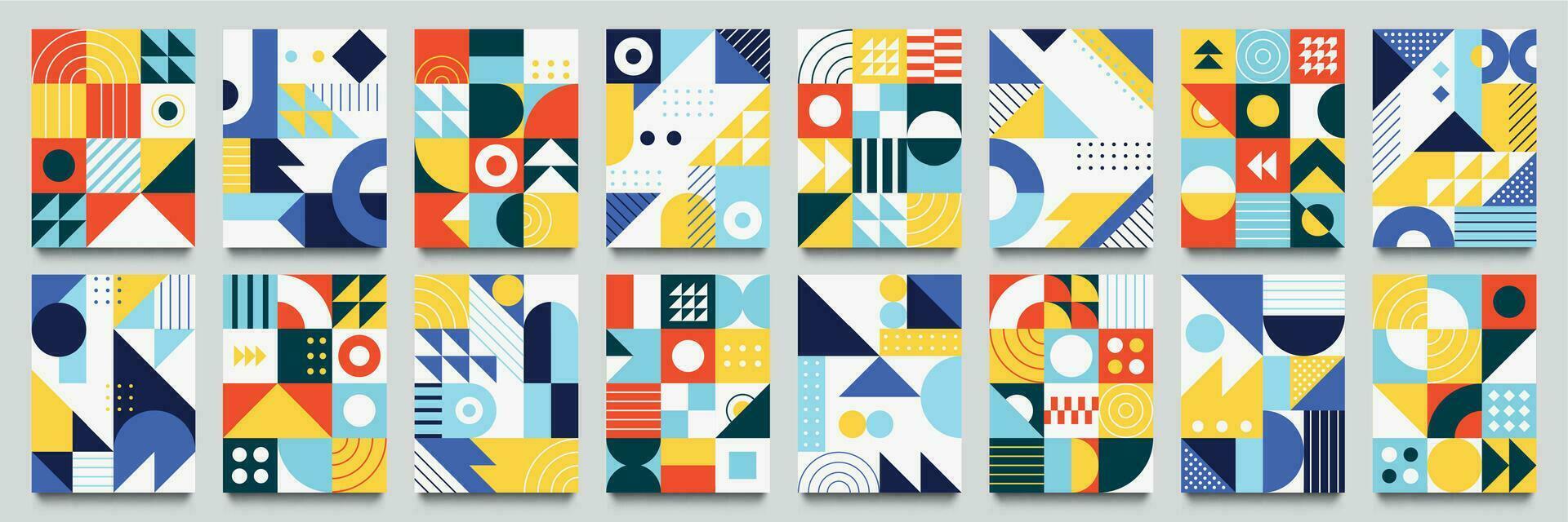 Abstract geometric backgrounds. Neo geo pattern, minimalist retro poster graphics vector illustration set