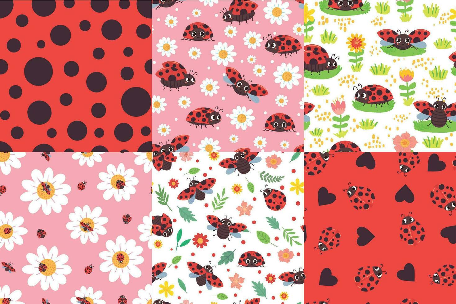 Cartoon ladybug seamless pattern. Ladybird texture, ladybugs in flowers and cute red bug vector illustration set