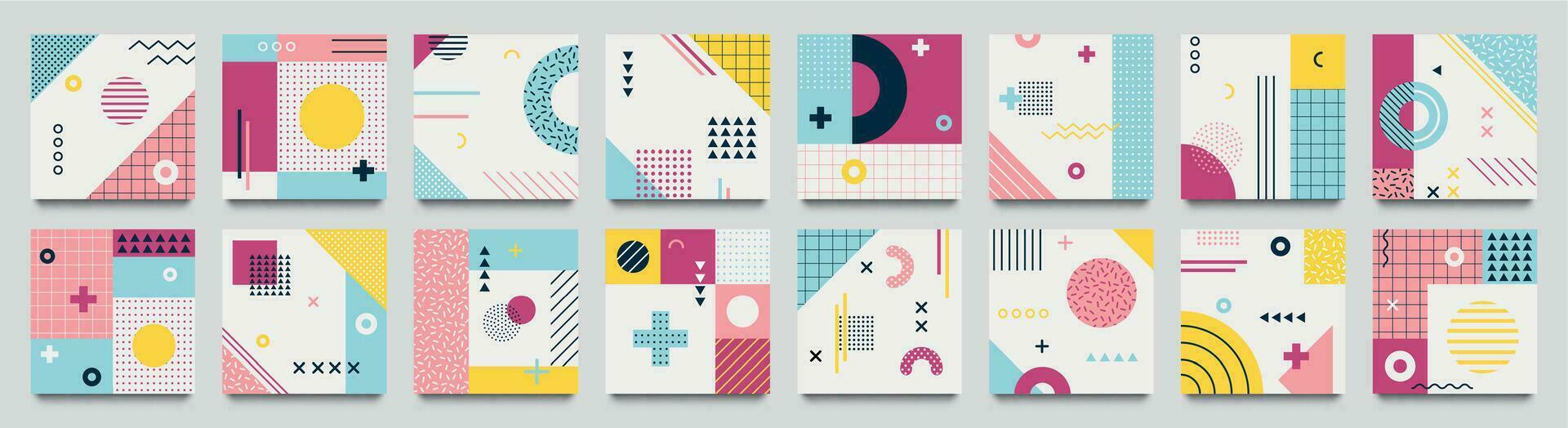 Abstract neo memphis geometric patterns. Geo grid square, color modern geometrical background with lines and dotted pattern vector set