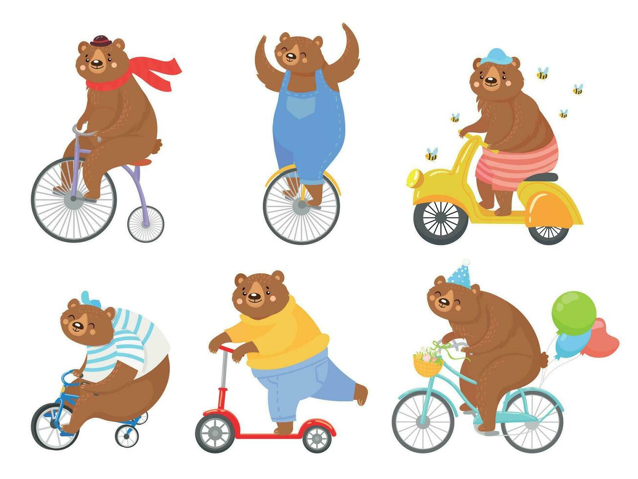 Cartoon biked bear. Bears on children tricycle, unicycle and retro bicycle. Animal riding bike, bicycles and scooter vector illustration set