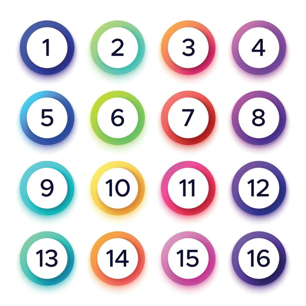 Numbers in colorful gradient frames. Vector set