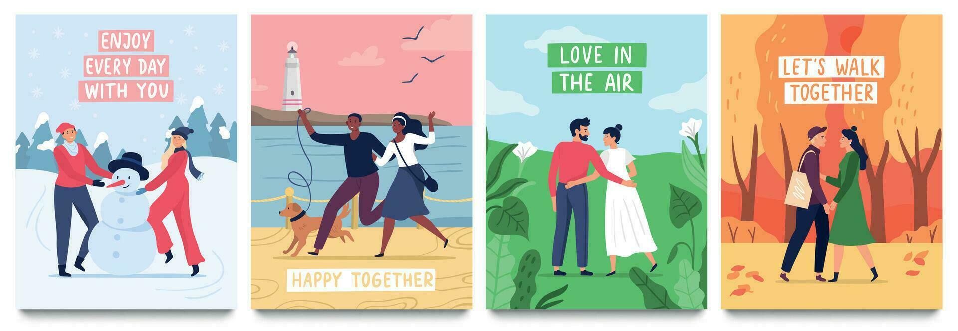 Couples in love poster. Vector illustration set