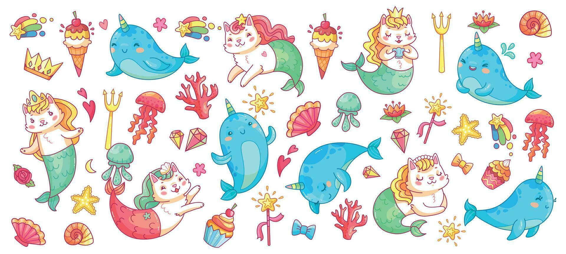 Unicorn narwhal and mermaid cat. Vector illustration set